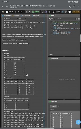 LeetCode SQL Question 8 | Customer Who Visited but Did Not Make Any Transactions | 1581 Leetcode