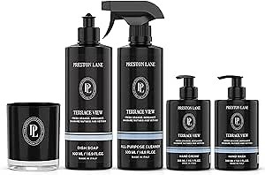 Preston Lane Signature Home Set – All Purpose Cleaner, Dish Soap, Hand Wash, Hand Cream & Scented Candle | Plant-Powered Cleaning & Care Essentials with Fine Italian Fragrance, Terrace View