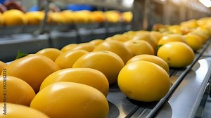 Mango Processing Plant with Fresh Mangoes on Conveyor Belt in Industrial Setting