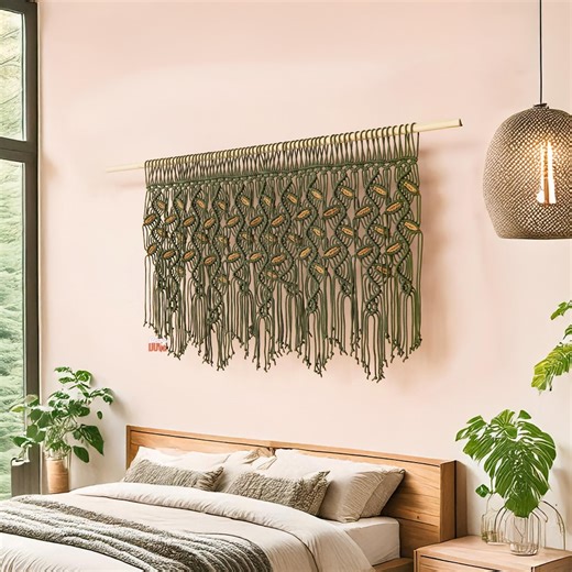 Macrame Leaf Kitchen Valance, Olive Curtain With Latte Leaves, Boho Window Decor - Etsy