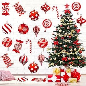 Cholemy 60 Pcs Peppermint Candy Decals Christmas Decorations Red and White Candy Cutouts Wall Stickers for Wall Floor Cardboard Ornament with Glue Point Dots for Xmas Decoration