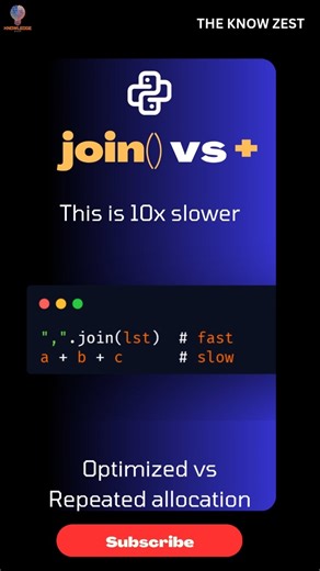 join() vs + — Why string concat gets slow 🐢#Python #CodingTips #DevReels #Performance #CleanCode