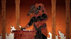 hephaestus in the forge hammering hot iron