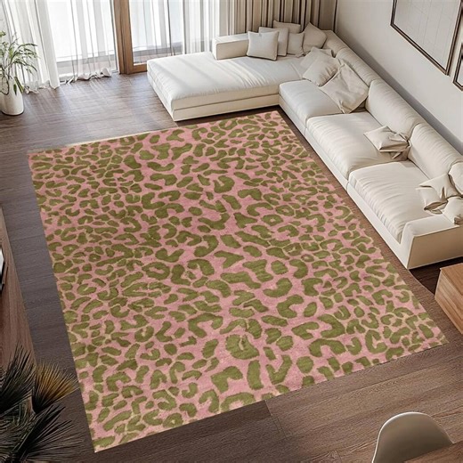Pink Green Leopard Print Washable Non Slip Area Rug, Vibrant Animal Pattern Living Room Carpet Bold Boho Style Rug for Colorful Modern Decor - Etsy