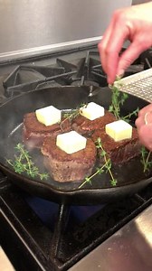 How amazing do these Private Reserve filet mignons look??!! Our chef seared the steaks with butter and fresh thyme, then finished in the oven in the cast iron skillet for perfectly cooked steak. Check out our instructions for cooking steak indoors: https://www.omahasteaks.com/blog/cooking-steak-indoors/ | Omaha Steaks