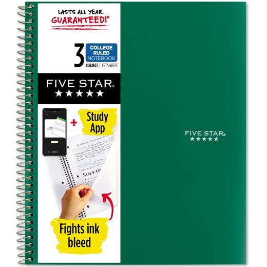 Five Star Spiral Notebook Study App, 3 Subject, College Ruled, 8.5" x 11"