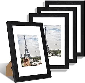 8x12 Picture Frame Set of 4, Made of Glass and Rustic Black Wooden Frame - Display 6x8 Picture with Mat or 8 x 12Poster Without Mat, 8 by 12 Photo for Wall or Tabletop