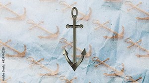 Spinning anchor on old paper background with anchor pattern, seamless looping, 4K 60 fps. Nautical concept Stock Video