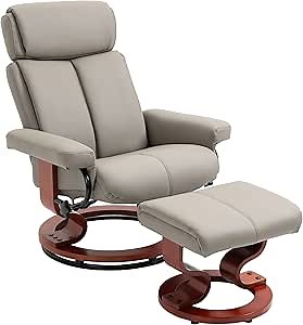 HOMCOM Recliner Chair with Ottoman, 360° Swivel Reclining Chair with Wood Base and Matching Footrest, Grey