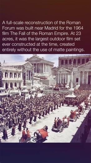 When director Anthony Mann recreated ancient Rome for The Fall of the Roman Empire, he chose real scale over studio tricks. Built near Madrid in 1963, the production constructed a near full-size Roman Forum with temples, basilicas, statues, and long stone streets. Thousands of extras, horses, and chariots moved through the massive set, allowing sweeping, realistic shots. Though the film had mixed box office results, the grand set became legendary—its cost contributing to the collapse of Samuel B