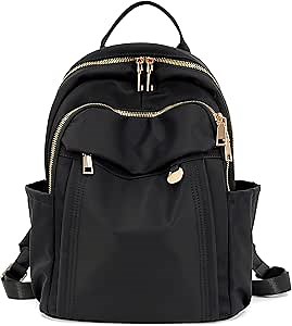 Compact Small Fashion Backpack Purse for Women, Chic Mini Daypack with Gold-Tone Hardware, Casual Minimalist Lightweight Water-Resistant Nylon Bag for Petite Women & Daily Essentials (Black)