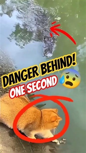 Cat Focuses on Fish… Danger Behind! 😱#shorts #animals #cat #crocodile