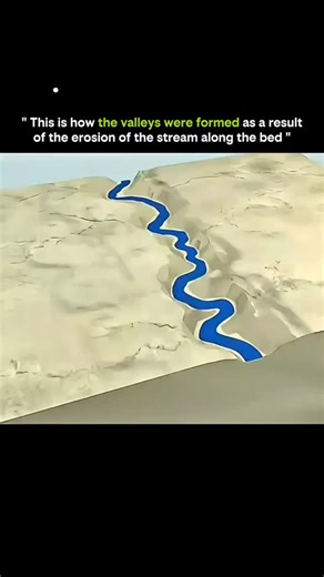 Explaining Anything on Instagram: "This is how valleys are formed — shaped slowly by flowing water over time. 🌊⛰️ This video explains how streams carve valleys through a process called erosion. As water flows downhill, it picks up sand, gravel, and rock fragments that scrape against the streambed like natural tools. Over thousands to millions of years, this constant abrasion cuts deeper into the ground, widening and deepening the channel. Faster water increases erosion, while softer rock wears 