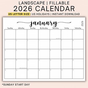 2026 Editable Calendar PDF | Fillable Monthly Planner Pages | Landscape Layout | Printable Schedule Organizer | Digital Download | CFWNH - Etsy