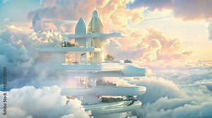 A breathtaking Video capturing a technologically advanced city floating gracefully amidst the ethereal clouds, A futuristic playground floating in the clouds