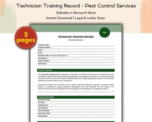 Technician Training Record Pest Control Services Form Editable and Printable Template, Pest Control Contractors and Home Service Providers - Etsy