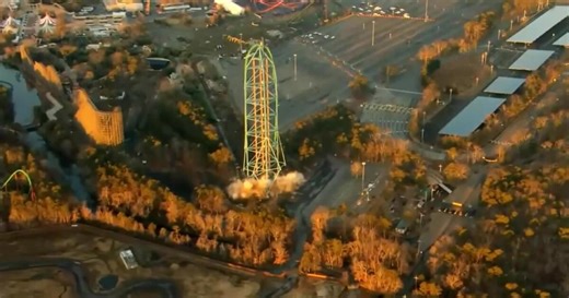 Six Flags' Kingda Ka, once the world's tallest and fastest roller coaster, comes down in implosion