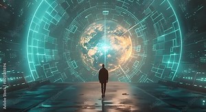 Man using virtual screen for futuristic online communication in metaverse world. Concept Virtual Reality, Online Communication, Future Technology, Metaverse, Futuristic World