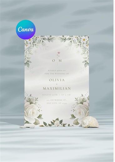 Wedding Invitation | White Rose Elegant Theme | Editable Canva Printable Template - Etsy