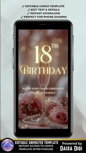 Blush Pink 18th Birthday Invite, Animated Canva Video Invitation
