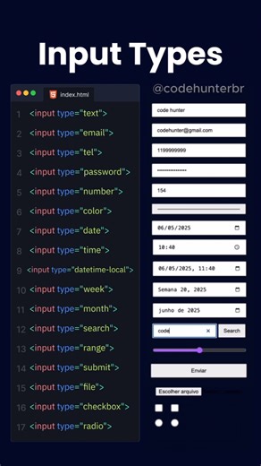 Code Hunter | Dicas de programação on Instagram: "Siga @codehunterbr para mais dicas de programação! Confira uma lista dos tipos de inputs. 💜 Deixe seu gostei! 💪🏻 Compartilhe e salve para consultar! #programacao #programador #dev #codding #frontend #html #css #html5 #webdeveloper"