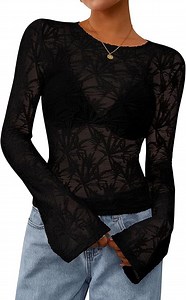 PRETTYGARDEN Womens Lace Long Bell Sleeve Tops Fall Sexy See Through Sheer Floral Blouse Shirt Fitted Going Out Outfits