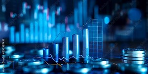 Blue background with coins and financial graphs in the foreground representing stock market growth, financial progress, investment success, market analysis