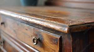 An antique wooden dresser once covered in scratches and water stains now shines with a rich mahogany finish after being painstakingly restored by hand.