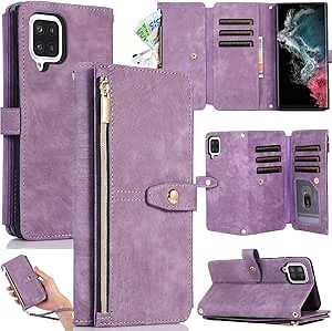 Auker Samsung Galaxy A12 Phone Case Wallet with Card Holder,Vintage Pu Leather Folio Flip Kickstand Zipper Pocket Magnetic Clasp Wrist Strap Wallet Clutch Full Body Folding Purse Cover(Purple)