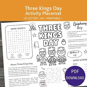 Three Kings Day Activity Placemat, Sunday School Puzzles, Epiphany Worksheet