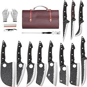 TAN REN 17PCS Butcher Knife Set with Bag, High Carbon Steel BBQ Knife Set for Meat Cutting, Hand Forged Serbian Chef Knives for Men Home & Outdoor Cooking