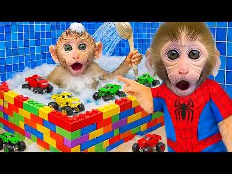 Bebé Mono KaKa limpia la casa y juega baloncesto en la piscina con el perrito adorable