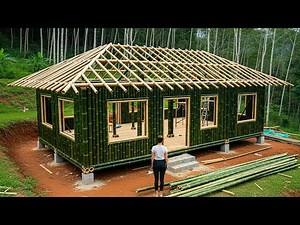 Young Girl Alone Completes a Beautiful Bamboo House With Roof and Full Interior
