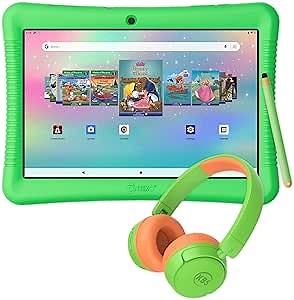 Contixo K102 10" Kids Tablet Bundle - Wireless Kids Headphones, 32GB, 80+ Disney eBooks ($350 Value), Parental Controls, Dual Cameras, Shockproof Case with Kickstand & Stylus, Ages 3-7 - Green