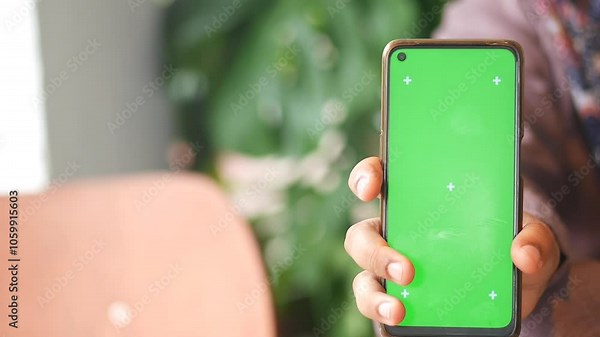 A hand holds a smartphone with a vibrant green screen for mockup or editing needs