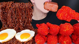 ASMR HOT CHEETOS FRIED CHICKEN BLACK BEAN NOODLES MUKBANG | Jimmy ASMR