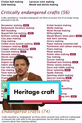 Many are at retirement age in the UK and the government doesn’t recognise craft skills as intangible cultural heritage worth preserving. So the crafters with years of skills just put their tools down to rest. We already have four extinct heritage crafts in England, how sad. #craft #HeritageCraft #mastercraftsman #PedroPascal #pedropascaledit #CapCut #cottagecore #DarkAcademia #Art now for some SEO… which crafts are at risk, what is a fun craft to try, what is an wasy craft to learn, how to croch
