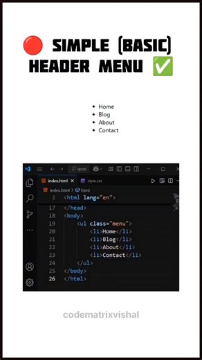 Create simple and basic header menu bar using HTML and css #headers #codematrixvishal #htmlcss #css3 #webdevelopment | Codematrixvishal