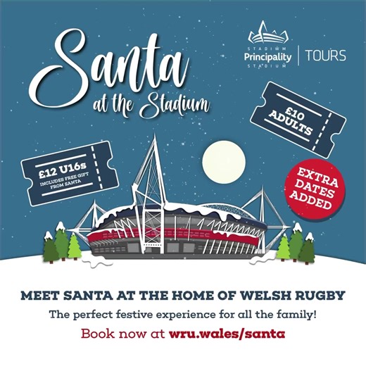 1.6K views · 13 reactions | Extra dates added for Santa at the Stadium!  Experience an enchanting tour, step into the shoes of your favourite rugby heroes and meet Santa in his secret stadium grotto!  Adults: £10  Children: £12 Secure your spot on Santa's Nice List!  ️ www.wru.wales/santa | Principality Stadium | Facebook