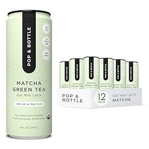 Pop & Bottle, Oat Milk Lattes - Matcha with Pure Ceremonial Matcha, Butterfly Pea, Turmeric, Green Tea, Organic, Dairy Free, Gluten Free, Lightly Sweetened with Coconut Nectar - 8 Fl Oz (12 Pack)