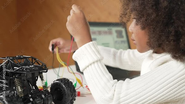 Smart african girl build robotic car while using wires while using laptop setting or writing prompt code. Skilled female student working on computer in STEM technology online classroom. Erudition.
