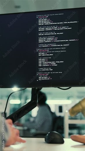 Coding, screen and person on computer in office for software update, programming and database. Typing, pc and worker on tech with algorithm for research, cybersecurity and information technology