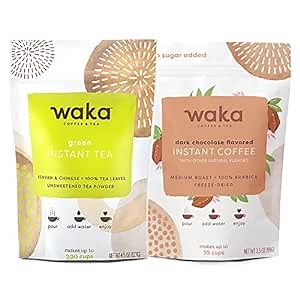 Waka — Instant Coffee and Instant Tea Powder Bundle — Unsweetened Dark Chocolate Flavored Instant Coffee & Unsweetened Green Tea