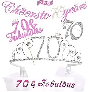 70th Birthday Decorations Party Supplies, Silver 70th Birthday Tiara, 70th Satin Sash, Silver Glittery Cheers to 70 Years Banner, 70 and Fabulous Cake Topper, 70 Silver Rhinestone Brooch, 70th birthda