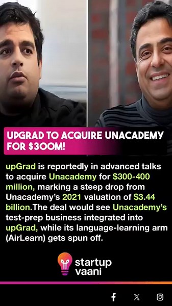 UpGrad to acquire Unacademy for $300M! #startupindia #startupvaani #businessnews #shortsfeed #viral