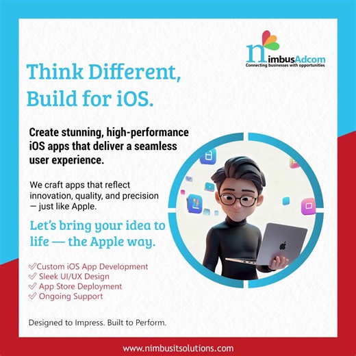 🍏 Think Different. Build for iOS. Ready to launch an app that delivers a flawless Apple experience? 🚀 At Nimbus Adcom, we craft high-performance iOS apps that blend innovation, quality, and precision — just like Apple itself. 💻✨ 💡 Our Expertise Includes: ✅ Custom iOS App Development ✅ Sleek UI/UX Design ✅ App Store Deployment ✅ Ongoing Support Let’s bring your idea to life — the Apple way. 🍎 Because your brand deserves an app that’s designed to impress and built to perform. 🌐 Visit: www.ni