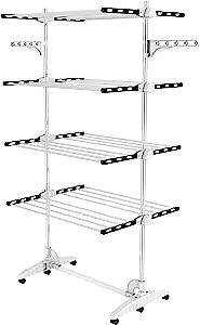 Todeco Rolling Laundry Drying Rack, 4 Tier Folding Stainless Steel Clothes Horses Stand with Side Wings Hanger, Heavy Duty Clothes Drying Rack Use for Laundry, Black