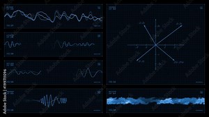 Monochromatic multi-panel visual display: formulae, animated line graphs, waveforms, readouts, indicators. Reversible seamless loop.