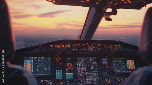 Aircraft cockpit view from a modern airplane flying at high altitude, offering a panoramic perspective of the glowing instruments and controls with a vibrant sunset expanding across the horizon