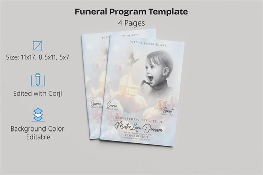 Blue 4 Page Funeral Program Template for Infant | Editable, 8.5x11, 11x17, 5x7 - Etsy